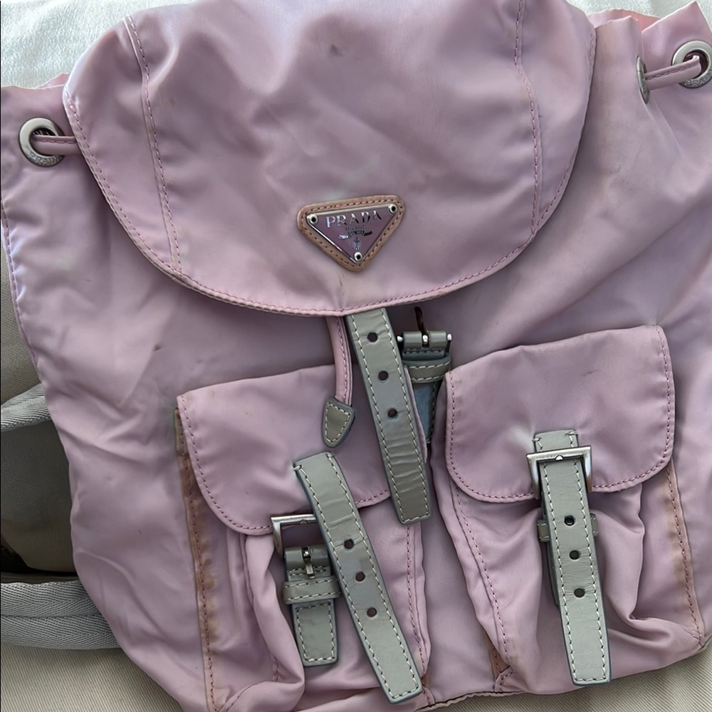 Prada Pink Backpack with Adjustable Straps and Shiny Fabric